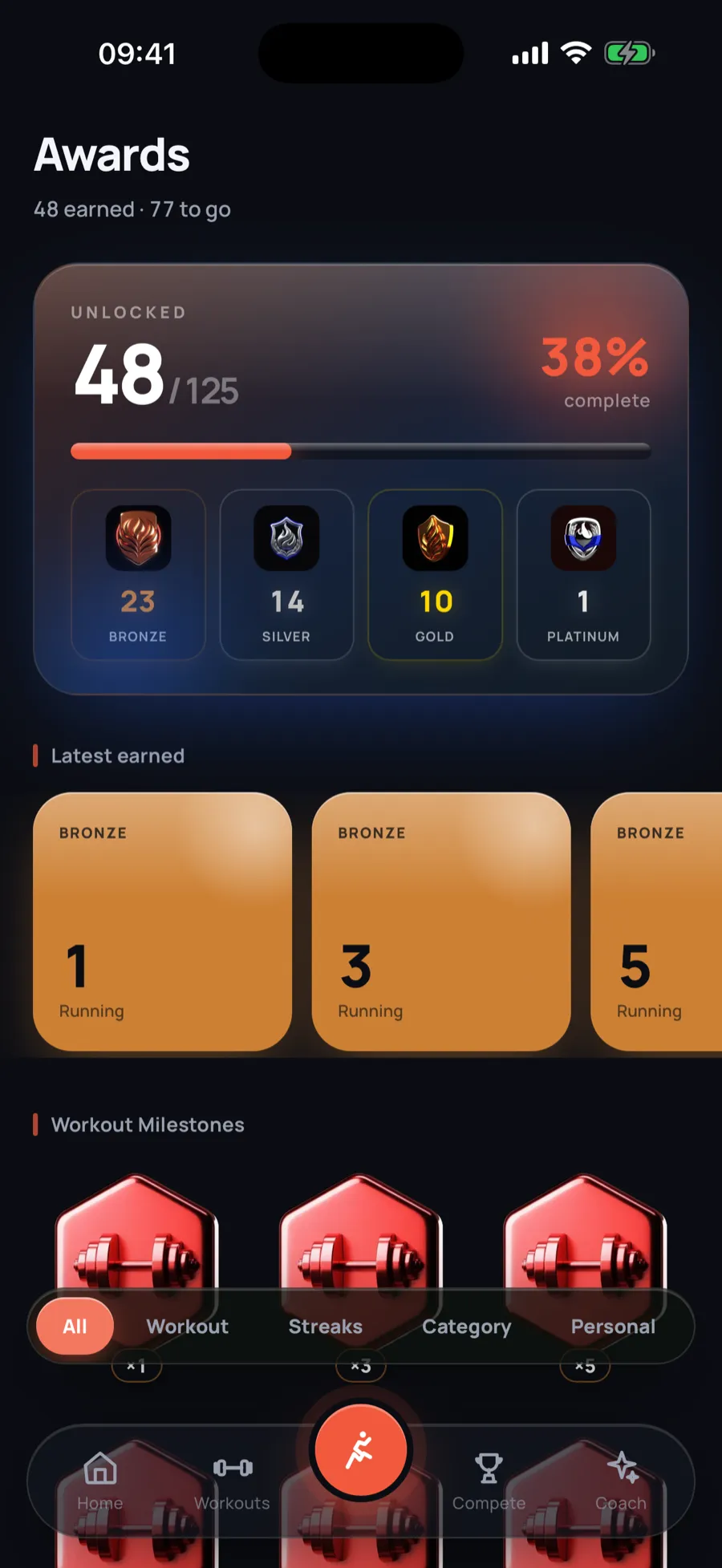 Achievement badges earned in MyFitTrack