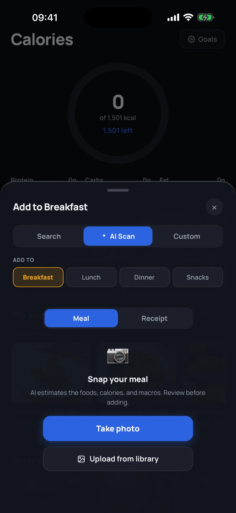 Adding a meal to breakfast with the AI scan option