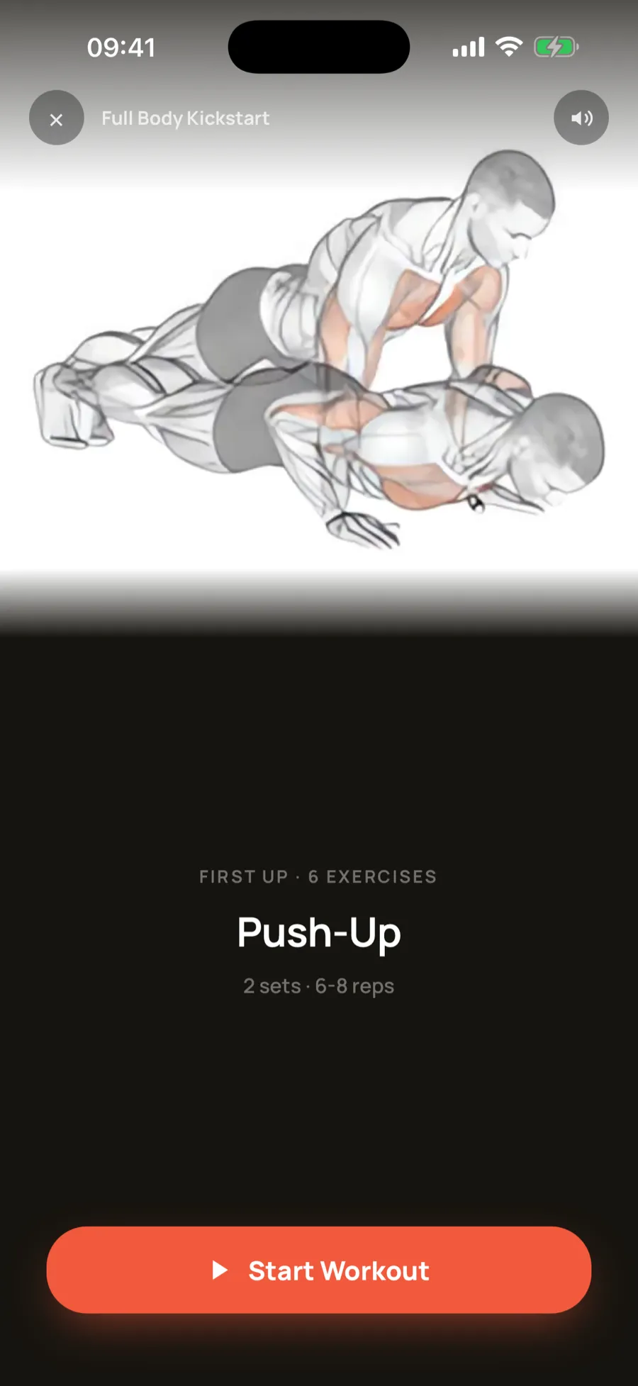 The guided workout player showing the first exercise