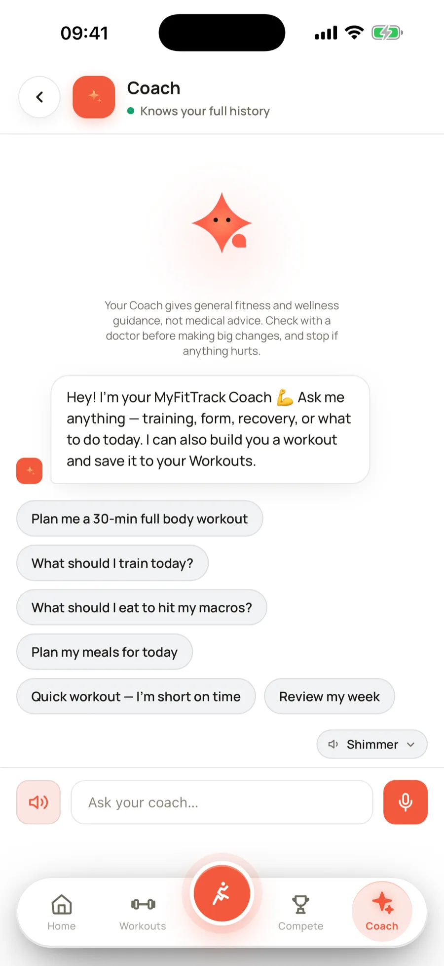 The MyFitTrack AI coach chat with suggested prompts